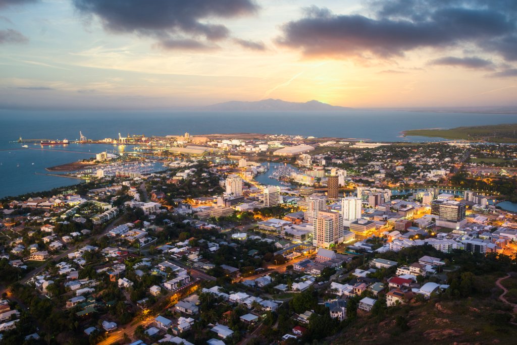 A view over Townsville city and the bay at sunrise