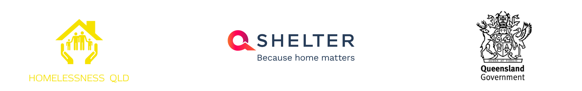 Logos of Homelessness Qld, Q Shelter and Queensland Government