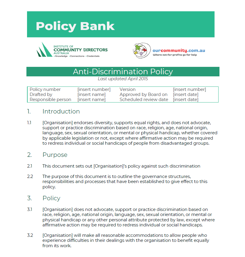 Policy Bank template sample