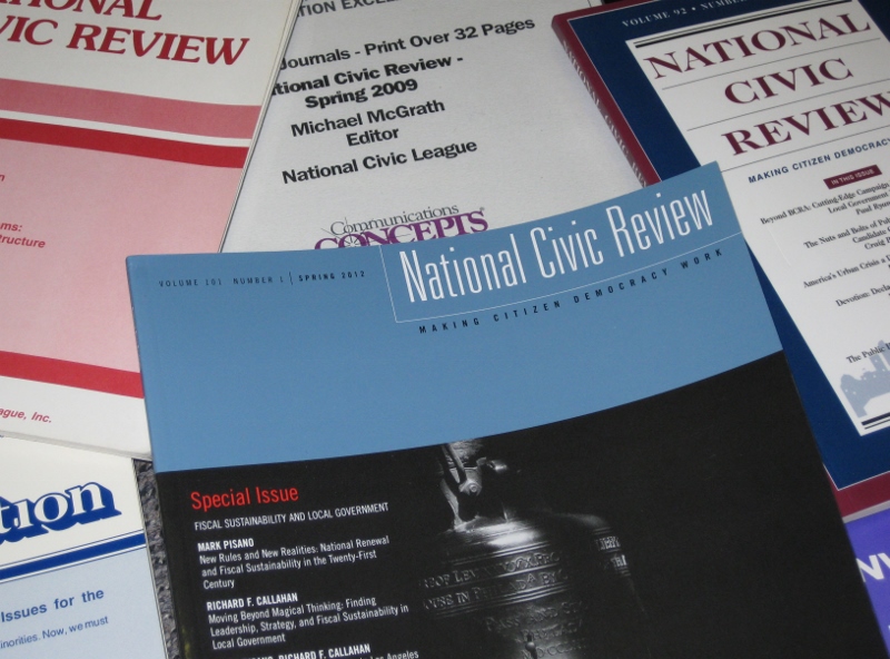 A photo showing copies of the National Civic Review journal