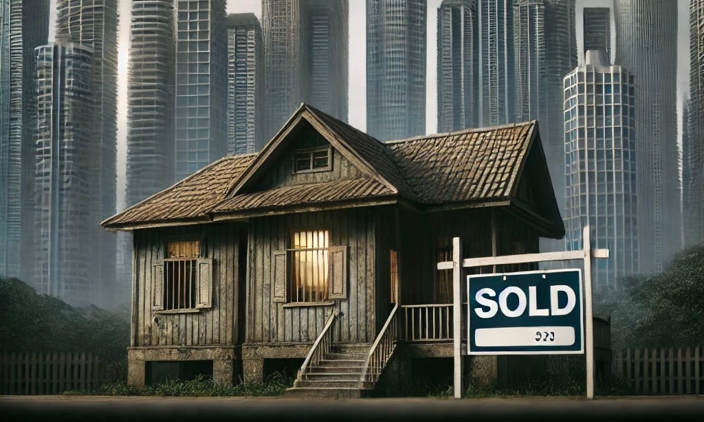 An old wooden house with a sold sign, and a city skyline in the background. AI generated