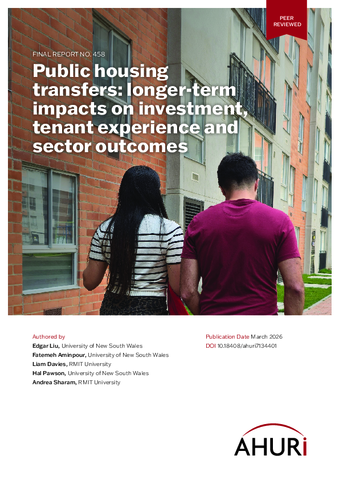 Cover of the AHURi 458 report with an image of two people walking in front of a brick building.