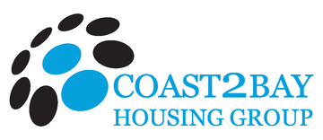 Coast2Bay Housing Logo. Blue text with black and blue dot pattern logo.