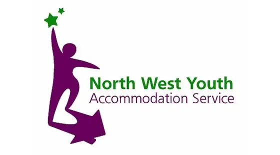 North West Youth Accommodation Services logo. Purple image of a human shape reaching for a star, their shadow is in the shape of a house. The text for North West Youth is written in green, and the text for Accommodations Services is written in black.