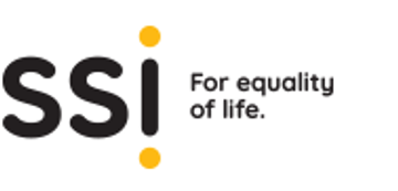 SSI logo. Black text on white background with a yellow dot on the top and bottom of the i.
