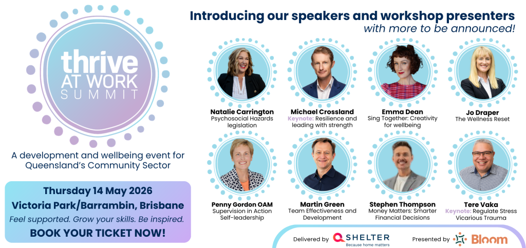 Promotion for Thrive at Work Summit, 14 May 2026 with photos of the key speakers