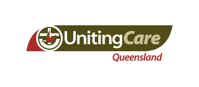 Uniting Care Logo. Red and Camo Green logo with white and light green writing.