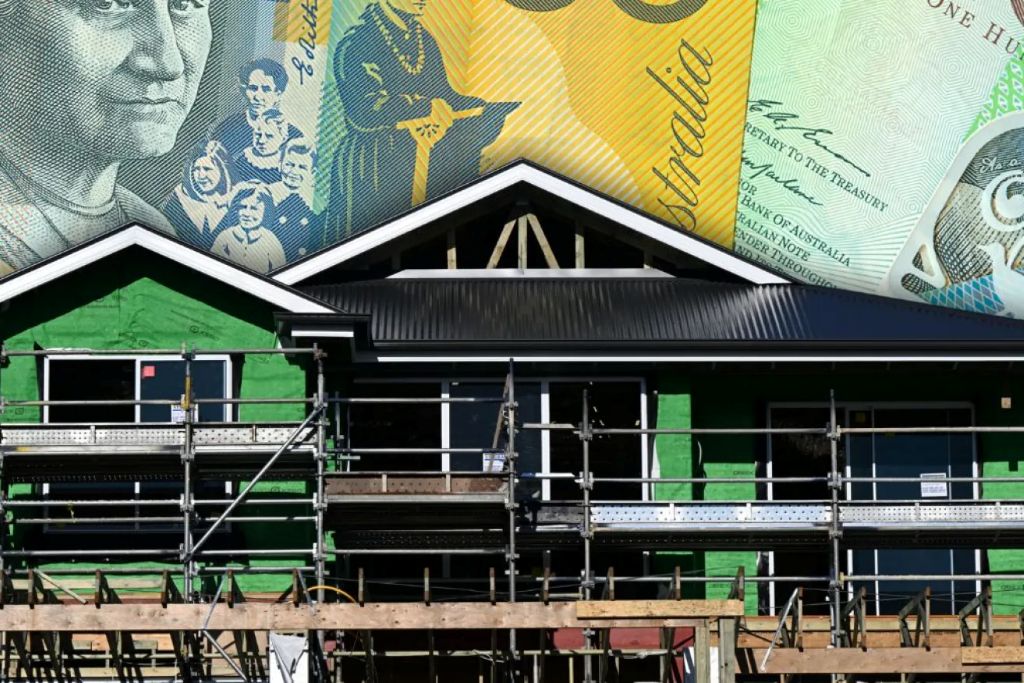 A stylised image of a house under construction with a large $50 note in the background. Image: The New Daily